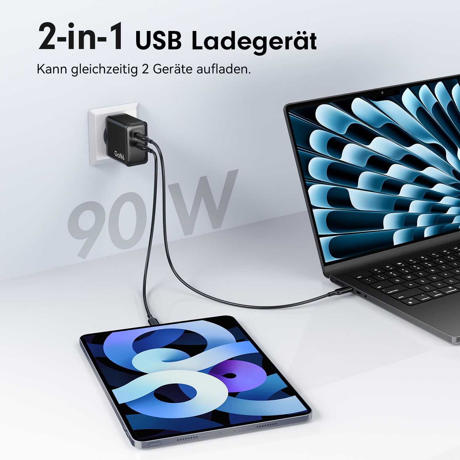 HSSNS 90W USB C Ladegerät, 2-Pack 2 Port Schnellladegerät mit Kabel, GaN PD Charger für iPhone 17/16/15 Series, MacBook Pro, iPad, Galaxy, Pixel und mehr 2