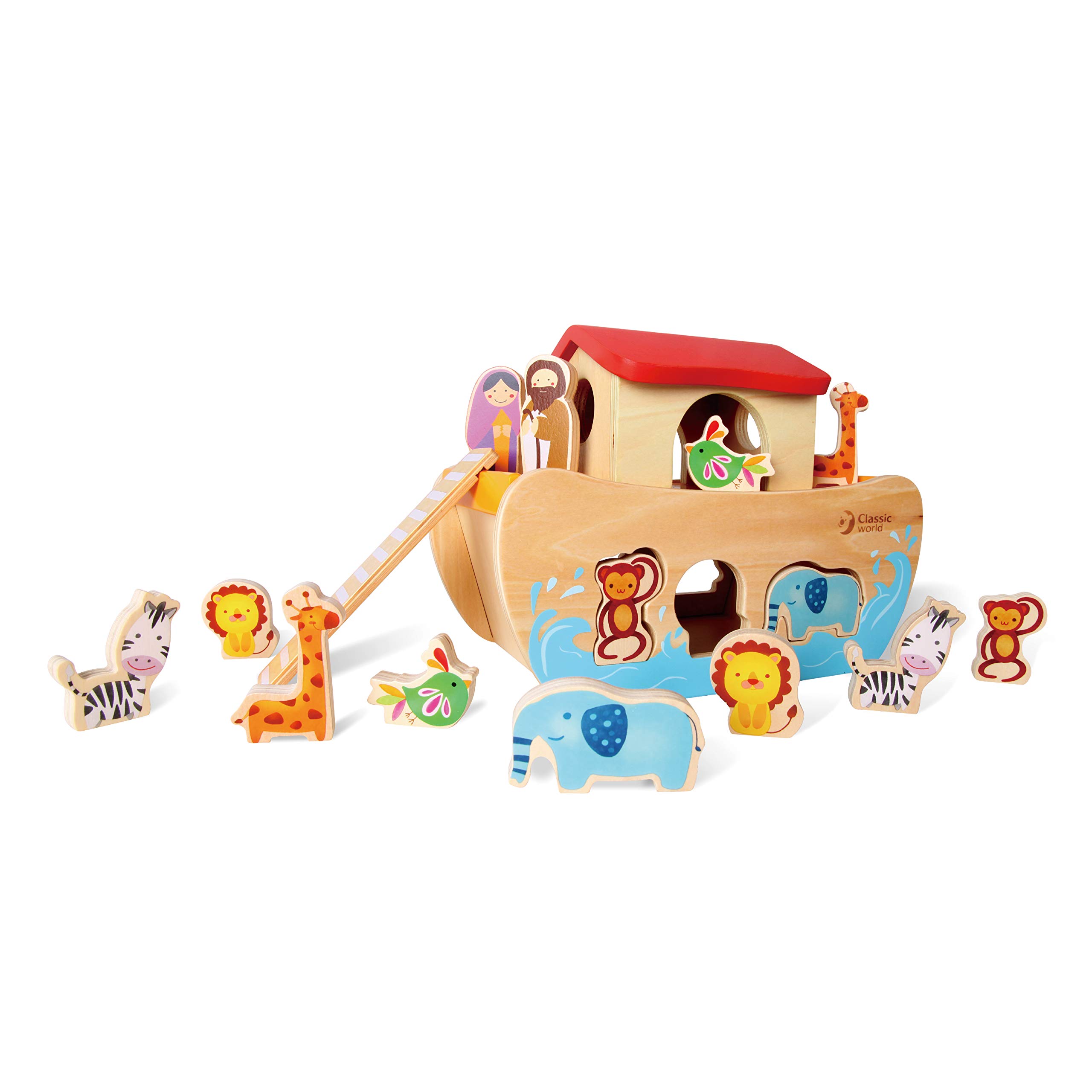 Classic World - Wooden Noah's Ark - 19 Piece Shape Sorter with Figurines and Animals - Early Learning Montessori Toys - Shape Sorter Toy for Toddlers - Suitable for 18 Months +