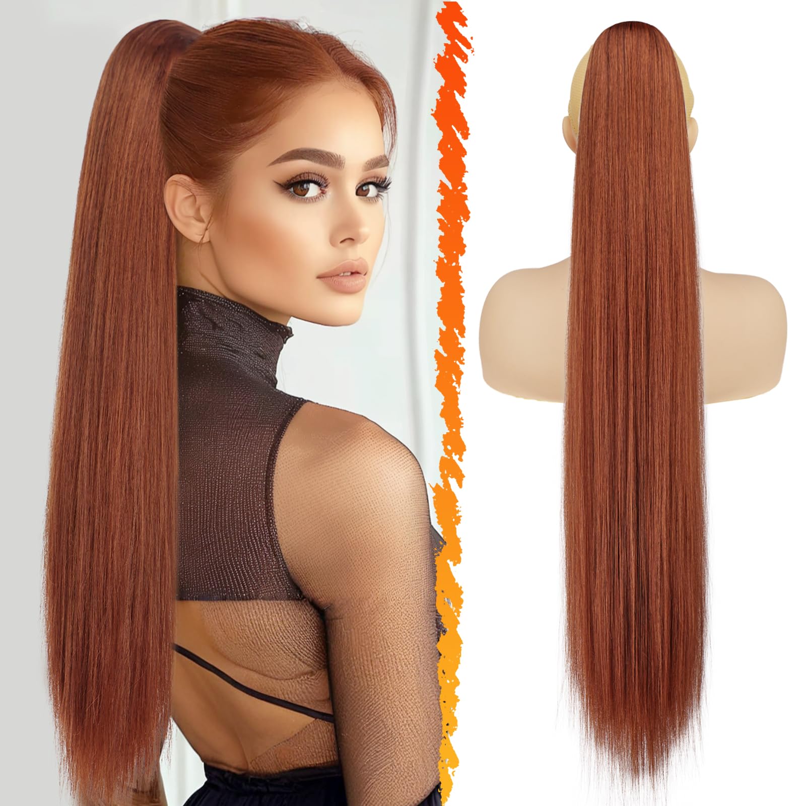 Photo 1 of BARSDAR Auburn Ponytail Extension - 30 Inch Long Straight Drawstring Ponytail Hair Extensions for Women, Soft Synthetic Clip in Pony Tails Hairpieces Fake Ponytail Daily - Auburn