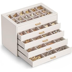Lolalet Earring Organizer, Jewelry Box with Clear Lid -Beige, 5 Layer | PU Leather, Velvet, Removable Dividers, Dustproof, Ea