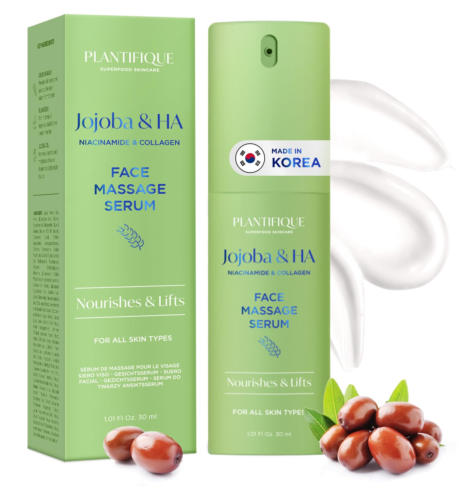 Plantifique Korean Face Serum for Gua Sha Massage with Jojoba Oil, Hyaluronic Acid, Niacinamide, and Vitamin C - Hydrating, Anti-Aging & Glowing Skin, 30 ml