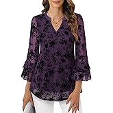 Womens Blouses Dressy Casual 3/4 Tiered Bell Sleeve Tops Double Layered Mesh V Neck Shirts