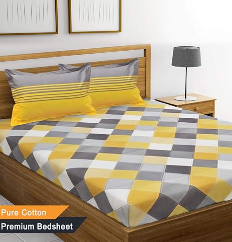 Ahmedabad Cotton 144 TC 100% Cotton Double Bedsheet with 2 Pillow Covers - Yellow and Grey