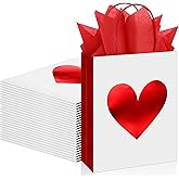 Teling 24 Pack Valentine's Day Gift Bags with Tissue Paper Red Foil Heart Goodie Bags with Handles for Valentine Gifts Giving Wrapping Anniversary Couple Dating, 9 x 7 x 3.15 Inch(White,Red)