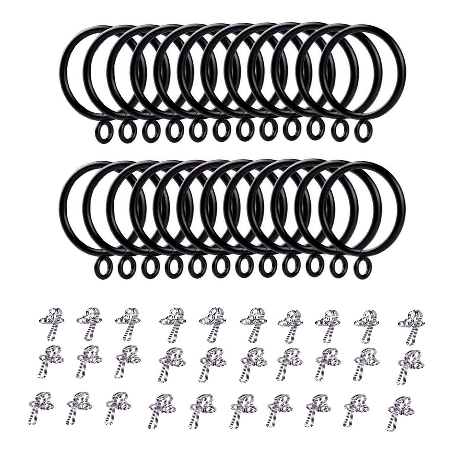 Black Metal Curtain Ring 24 pcs, 38 mm, with 30 Hooks - Easy to Install