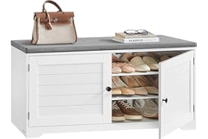VASAGLE Shoe Storage Bench with Cushion, 3-Tier Entryway Bench with Padded Seat, Doors, Adjustable Shelves, 14 x 39.8 x 20.7 Inches, for Hallway, Bedroom, Cloud White and Dove Gray ULSB044W01