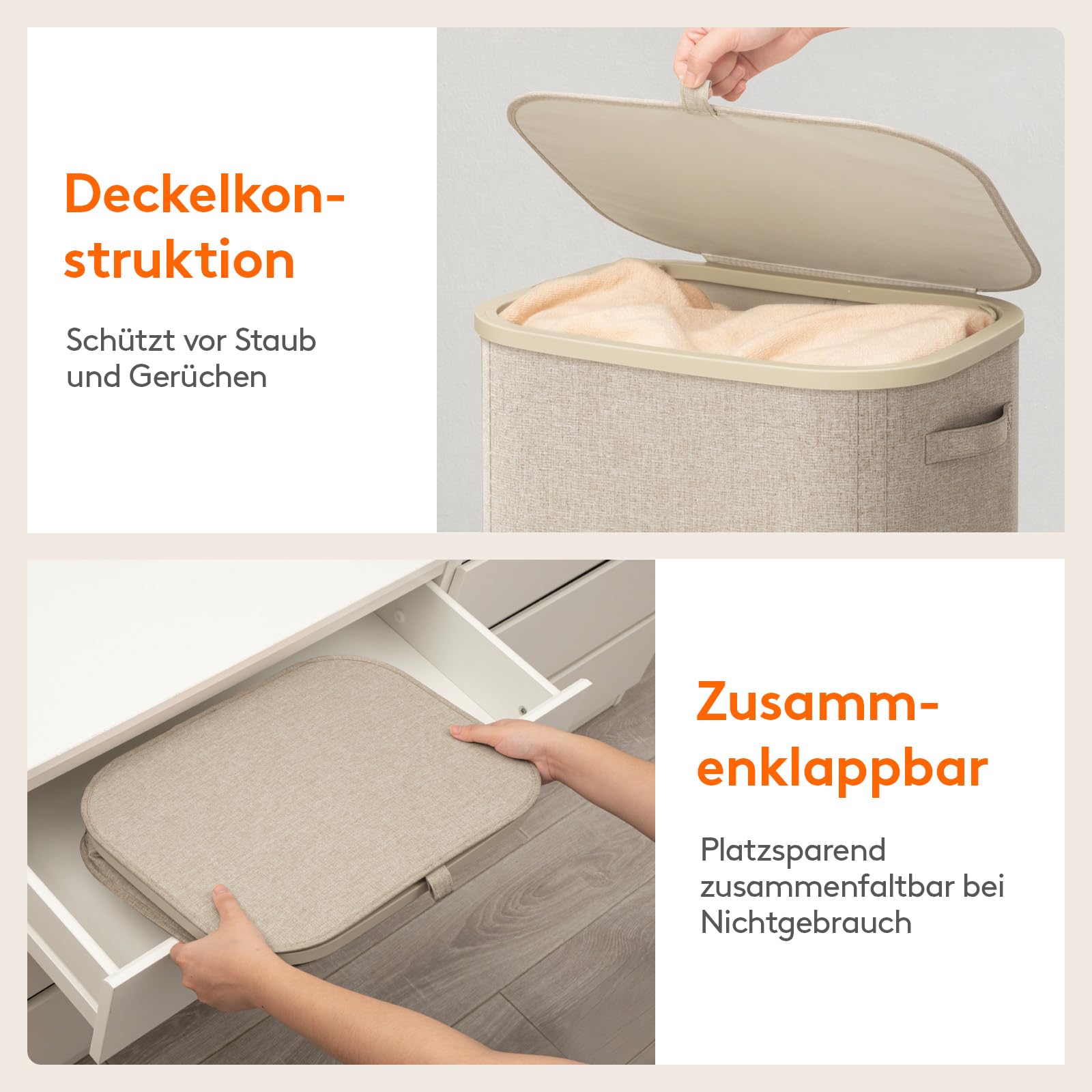 Lifewit Wäschekorb mit Deckel, 85L Wäschesammler mit Kunststoffrahmen, faltbarer großer Wäschesortierer, Wäschekörbe für Schlafzimmer, Bad, Beige 6