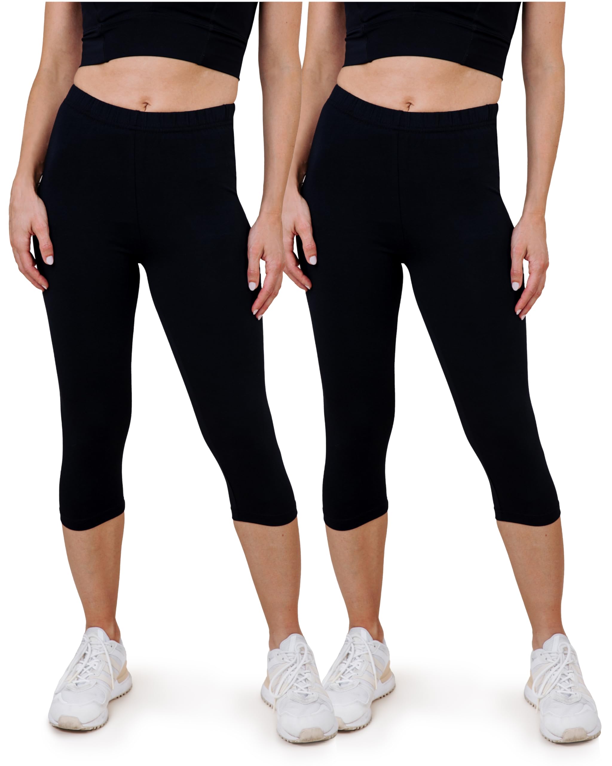SES Capri Leggings Damen Schwarz (44/46) 2er Pack aus Baumwolle/blickdichte Damen Capri-Leggings/elastische Damen Leggins 3/4 lang Baumwolle/Damen Capri Leggings mit Perfekter Passform