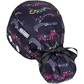 Satin Lined Scrub Cap Women with Ponytail Hole & Buttons,Adjustable Surgical Nurse Hat with Cotton Sweatband for Long Hair