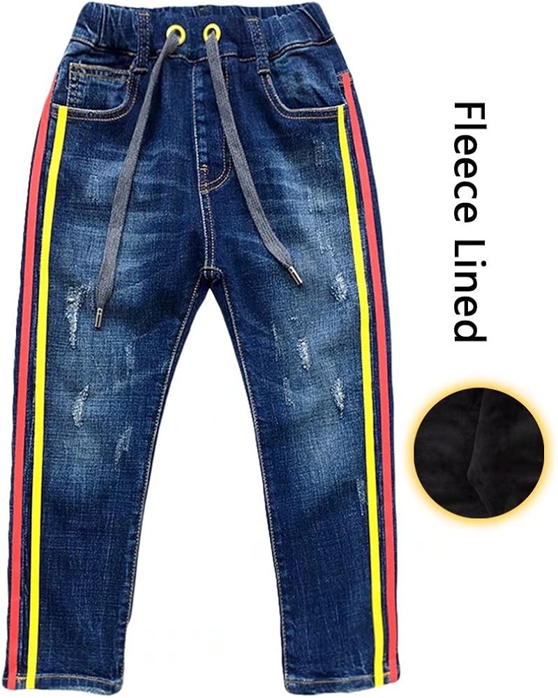 Boys Winter Thermal Fleece Lined Stripes Ripped Jeans Kids Distressed Long Denim Pants, Blue