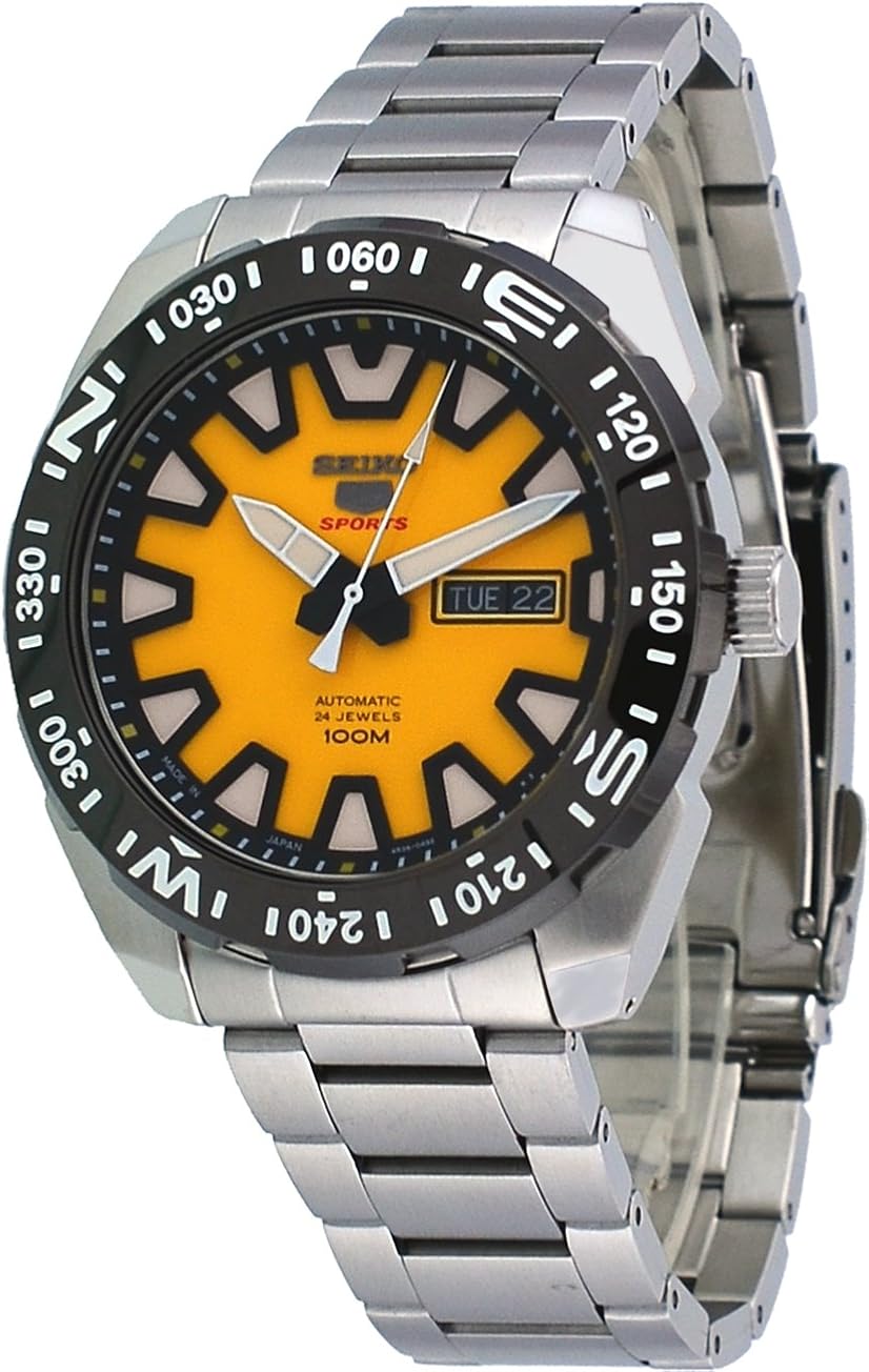 Amazon Com Seiko 5 Sports Srp745j1 Japan Version Men S Stainless Steel Yellow Dial 100m Automatic Watch Watches