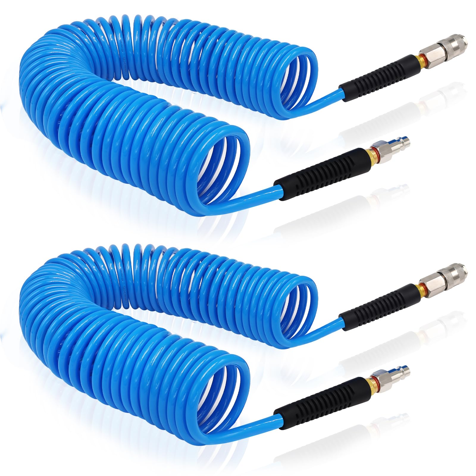 FANOVO 2PCS 10m Length Air Compressor Hose Polyurethane Recoil, 1/4" Europe Quick Coupler and Bend Restrictors for Air Compressor Accessories, 6mm ID x 9.5mm OD Blue Retractable Hose