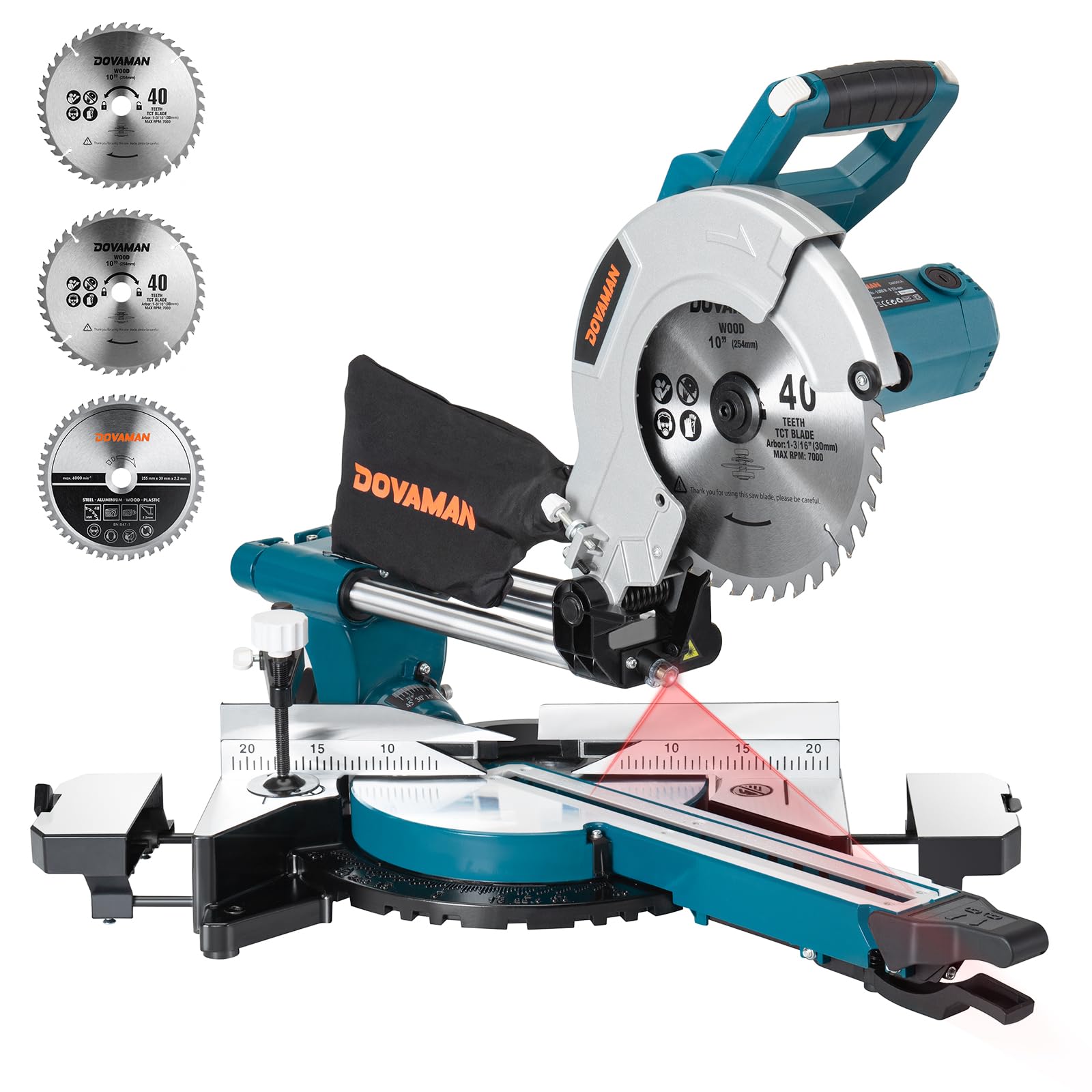 DOVAMAN Updated 10-Inch Sliding Miter Saw, Multi-Material Cutting w/ 3 x TCT Blades, Ambidextrous Operation, 5000/3200RPM Speed, Laser Guide, 0-45° Bevel Cut, Max Cut 3.5x13.4in, 9 Positive Stops Image