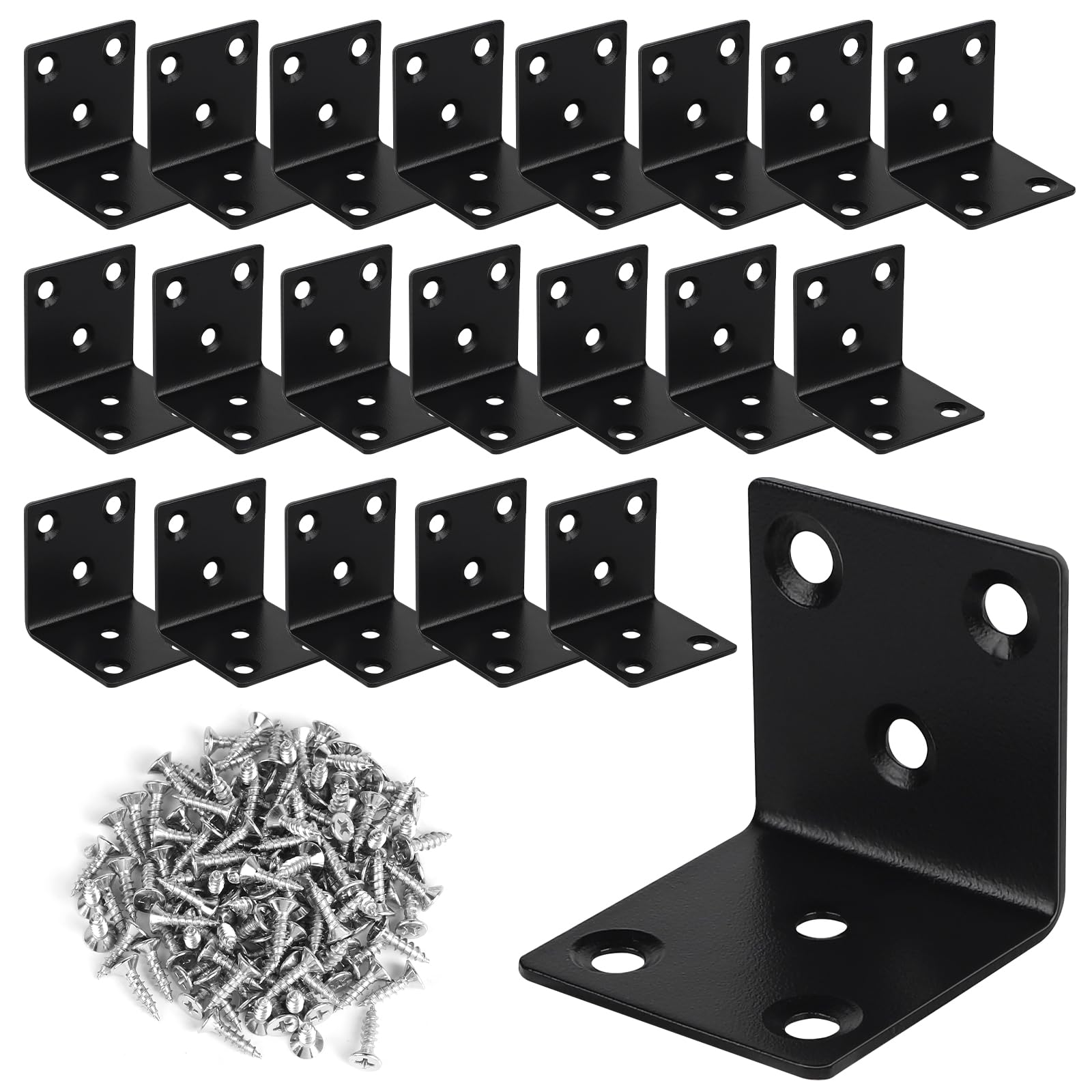 LALAGO Pack of 20 Stainless Steel Angle Connectors, 40 x 40 x 40 mm, Small Mounting Bracket with 126 Screws, Metal 90 Degree Brackets, Mounting Angle for Fixing and Repairing Furniture, Black