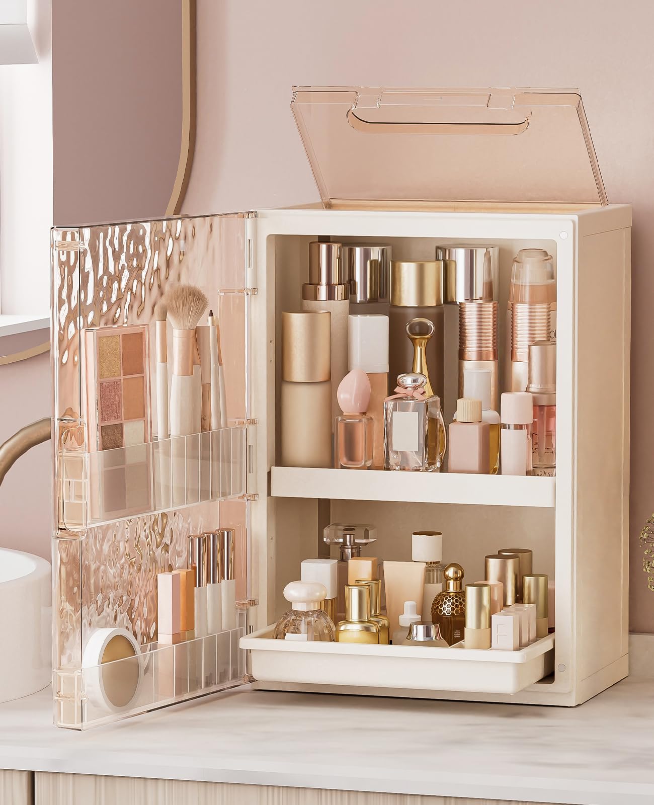 Photo 1 of HAIXIN Makeup Organizer with Drawer & Brush Holder, Ripple Door Cosmetic Display Cases, Large Vanity Organizer Countertop Waterproof for Skincare, Perfume, Bathroom & Dresser (White & Amber)