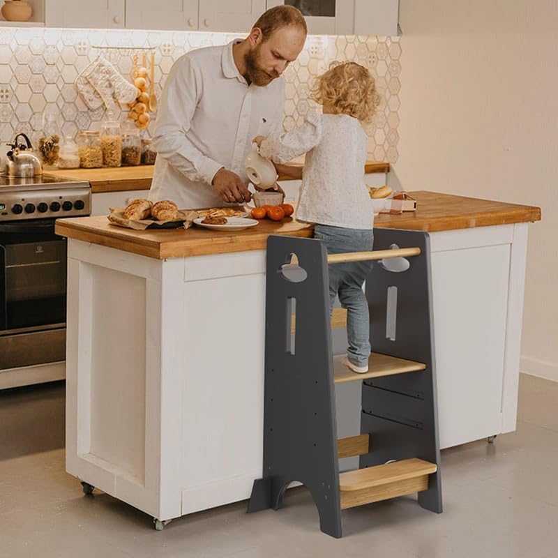 Torre de Aprendizaje para Niños - Torre de Aprendizaje de Madera para Bebés de 1 a 6 Años - Altura Ajustable en 3 Niveles - 80CM - Gris Clásico y Natural