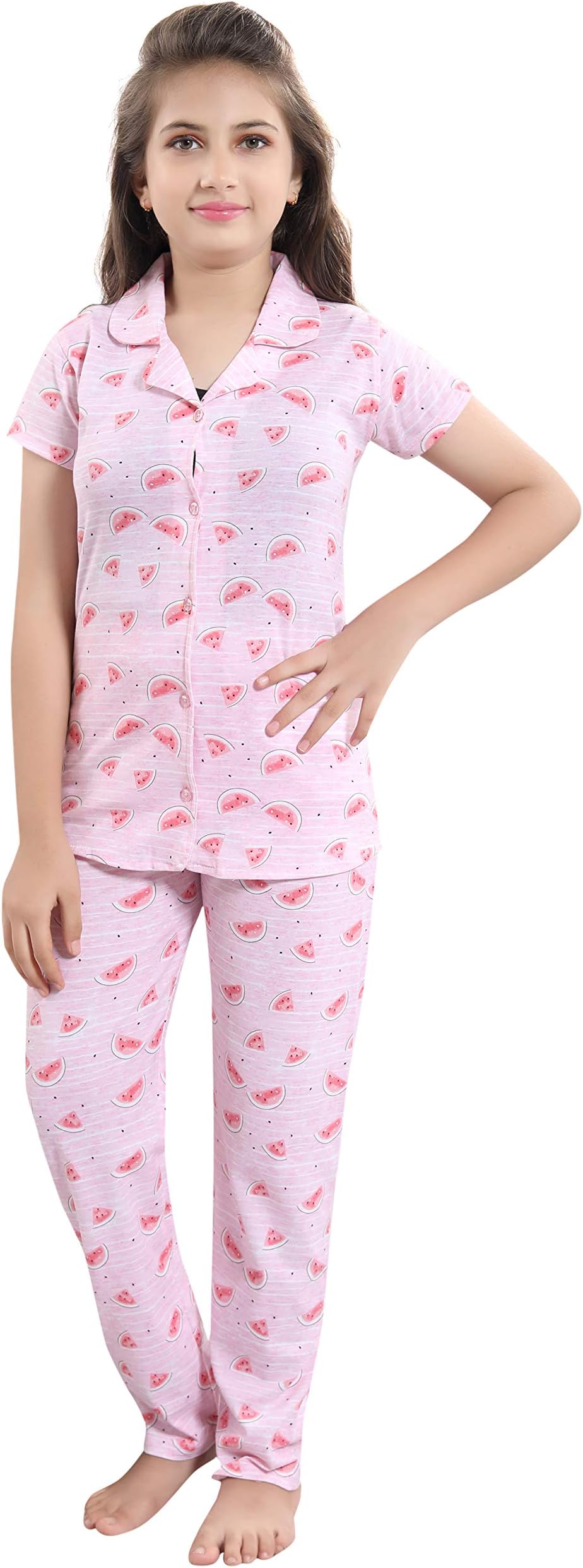 9shines Label Cotton Watermelon Printed Pyjama Set | Night Suit | Night Dress for Girls.