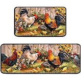 Ghroiep Rooster Kitchen Rugs 2 Piece Set Sunflower Decor Kitchen Floor Mat, Microfiber Washable Runner Rugs, Farmhouse Chicken Decorations Kitchen Mats,17"x47"+17"x30"