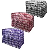 Set of 5 - Jumbo EXTRA-WIDE Plastic Black Red White 26" X 22" X 11.5" Storage Laundry Clothing Dorm Room Shopping Bags w/ Zipper + Handles (5)