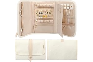 Voova Travel Jewelry Holder Organizer Case, Large Jewelry Storage Bag for Women Girls, Foldable Traveling Jewellery Pouch Roll for Necklaces Rings Earrings Bracelets, Apricot