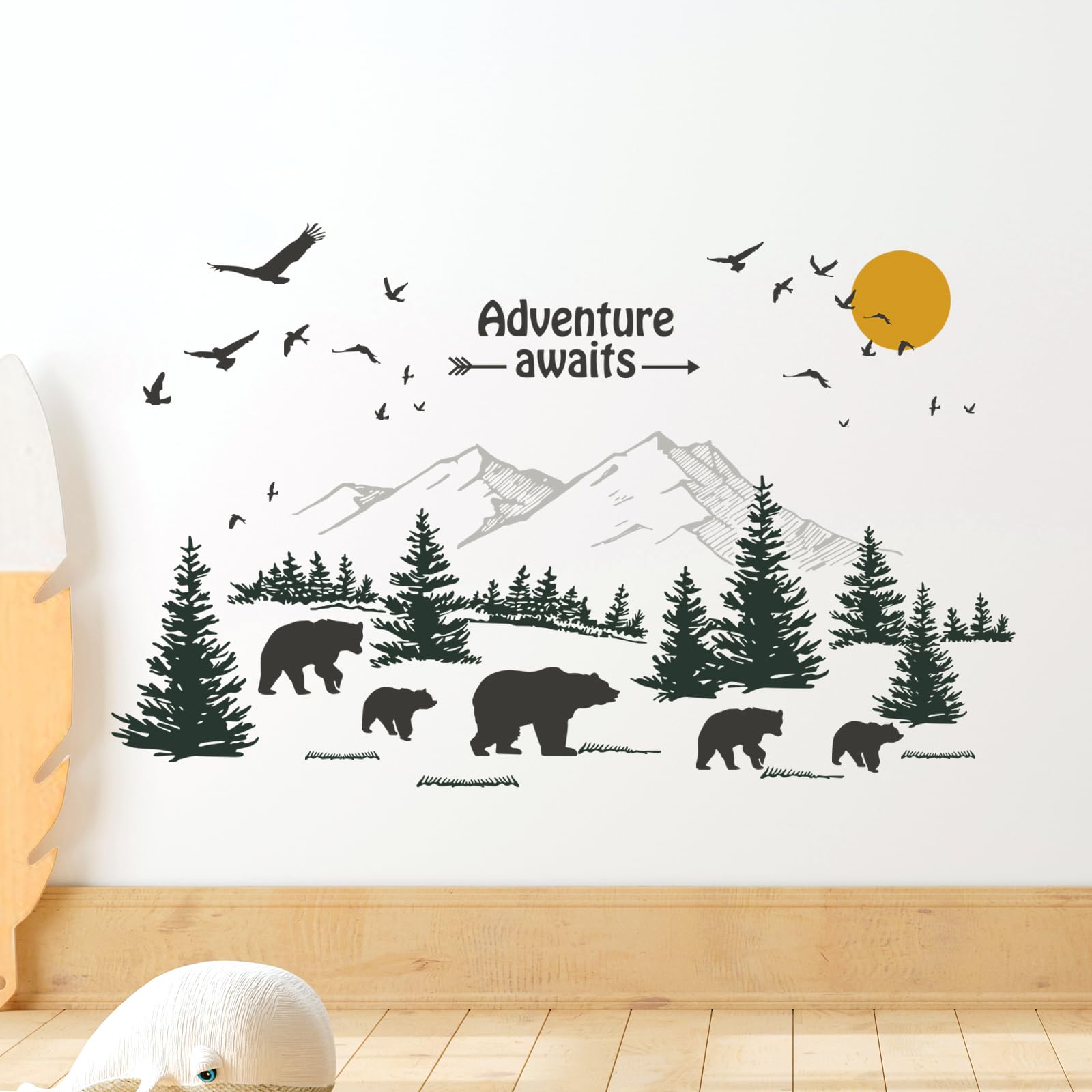 Tanlaby Mountain Forest Bear Wall Stickers, Woodland Pine Tree Animal Inspirational Quotes Wall Decals, Wall Art Stickers for Kids Baby Nursery Bedroom Living Room Wall Decor