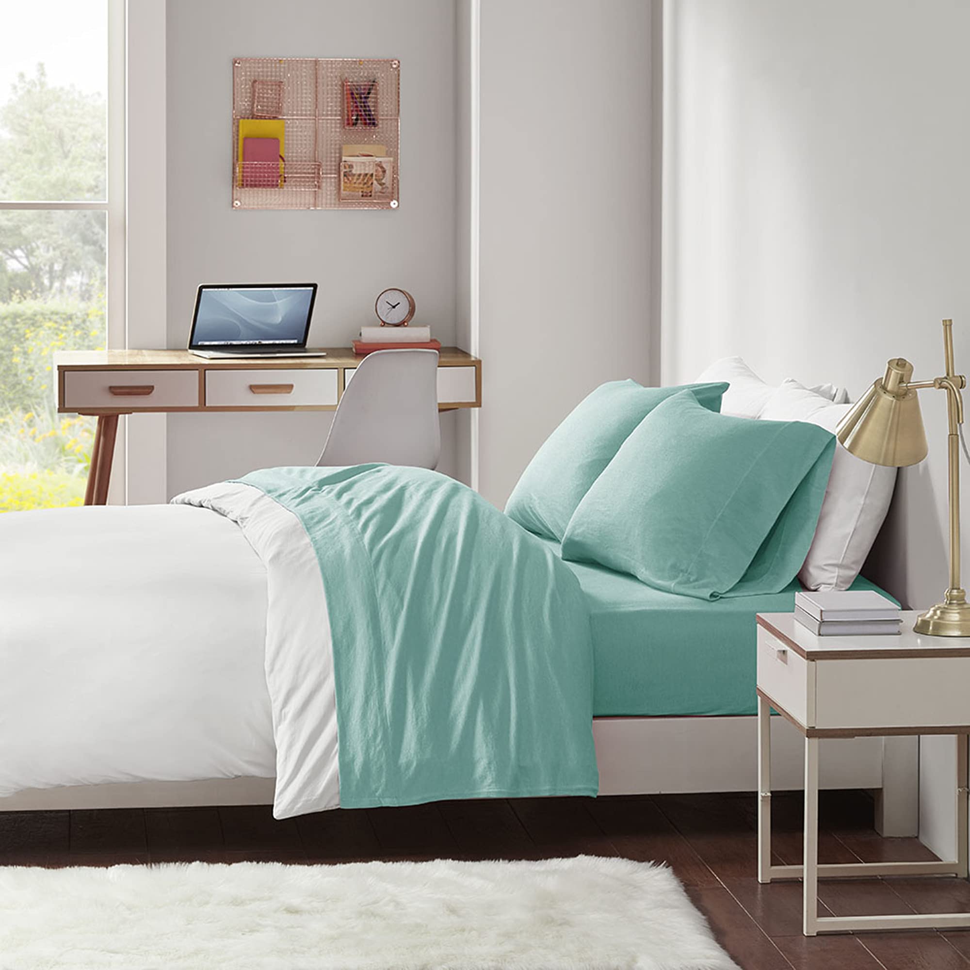 Photo 1 of Intelligent Design Cotton Blend Jersey Knit Bed Sheet Set Wrinkle Resistant, Soft Sheets with 14" Deep Pocket, All Season, Cozy Bedding-Set, Matching Pillow Case, Full, Aqua 4 Piece