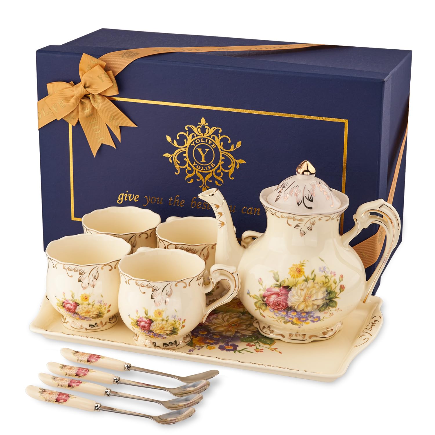 YOLIFE Flowering Shrubs Porcelian Tea Set, Vintage Ceramic Afternoon Tea Set with Gold Leaves Edge, Gift for Adults Women Tea Party Service