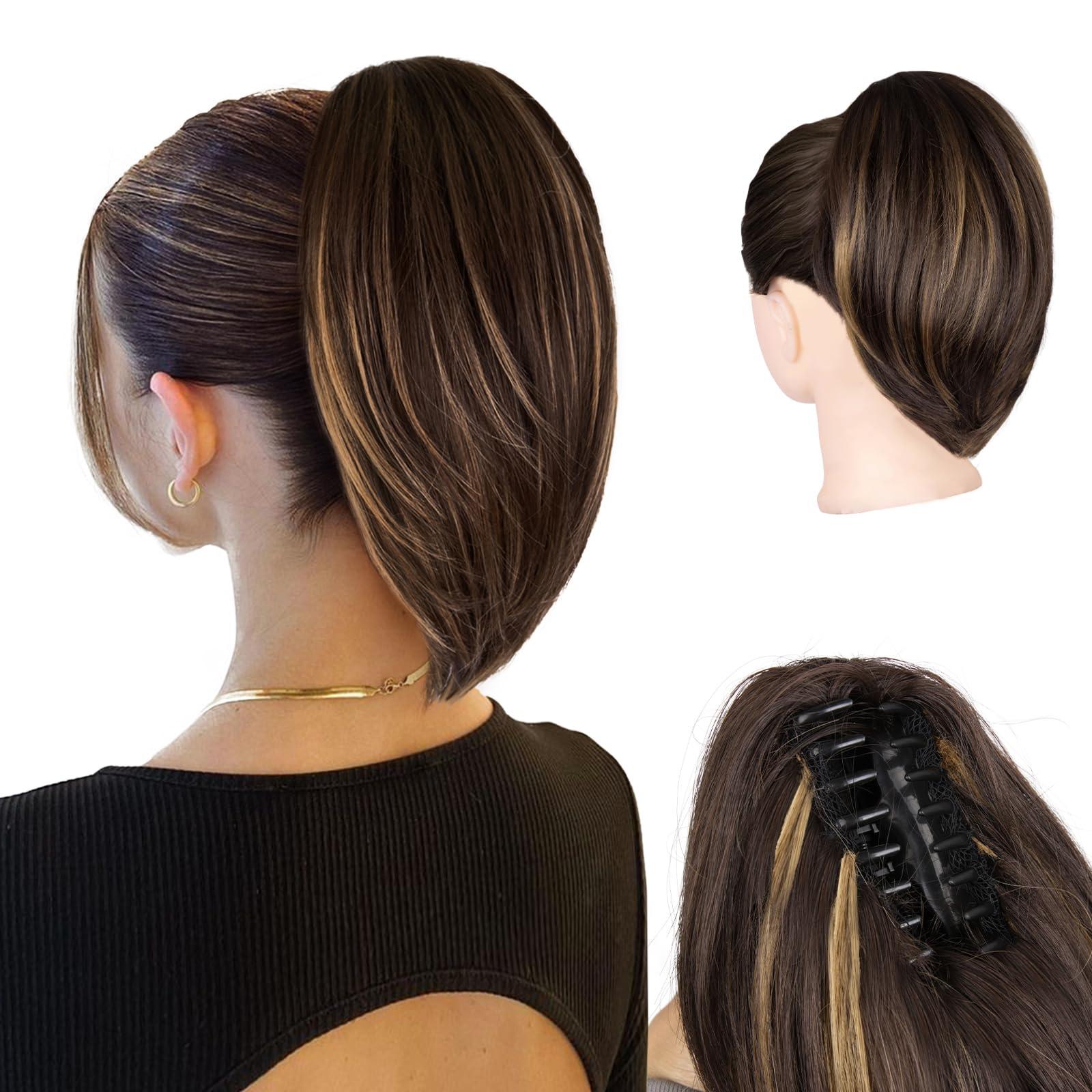 Photo 1 of ZQIAN BEAUTY 10 Inch Ponytail Extension - Straight Pony Tails Hair Extensions, Claw Clip Ponytail Extension, Synthetic Hair Extensions Ponytail, Clip in Ponytail (Color: Brown with Blonde Highlights)