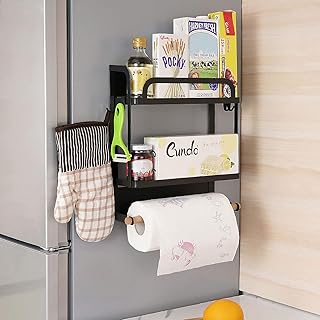 KINLO magnetisches Hängeregal für Kühlschrank Kühlschrank Regal, maximale Belastung - 10 kg, Küchenregal 30 x 10,5 x 35 cm, Magnet Gewürzregal mit Rollenhalter 4 Hacken, Mattschwarz