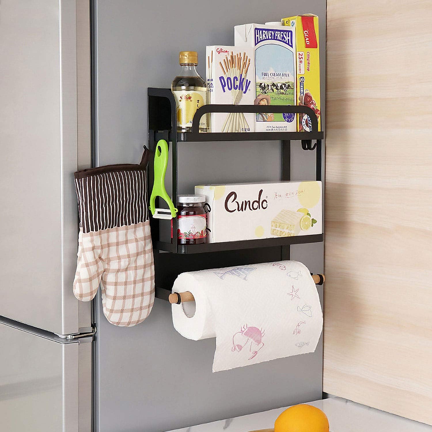 KINLO magnetisches Hängeregal für Kühlschrank Kühlschrank Regal, maximale Belastung - 10 kg, Küchenregal 30 x 10,5 x 35 cm, Magnet Gewürzregal mit Rollenhalter 4 Hacken, Mattschwarz