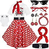10Pcs Sock Hop Outfits Women, 1950s Poodle Skirts, T-Shirt with 50s Accessories Socks Scarf Headband Belt Earring