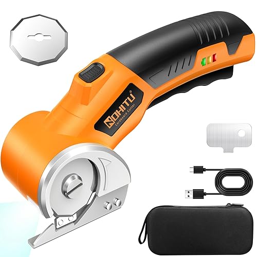 Cordless Electric Scissors: 4V Rechargeable Rotary Cardboard Cutter, 3000mAh Battery, with LED Light, 2 Blades, Box Cutter for Fabric Carpet Carton Plastic Leather Cloth(Yellow)