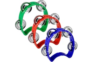 TENINYU Pack of 3 Half Moon Musical Tambourine, Double Row Metal 4 Jingle Bells Mini Hand Held Percussion Drum with Ergonomic Handle Grip (Red & Blue & Green)