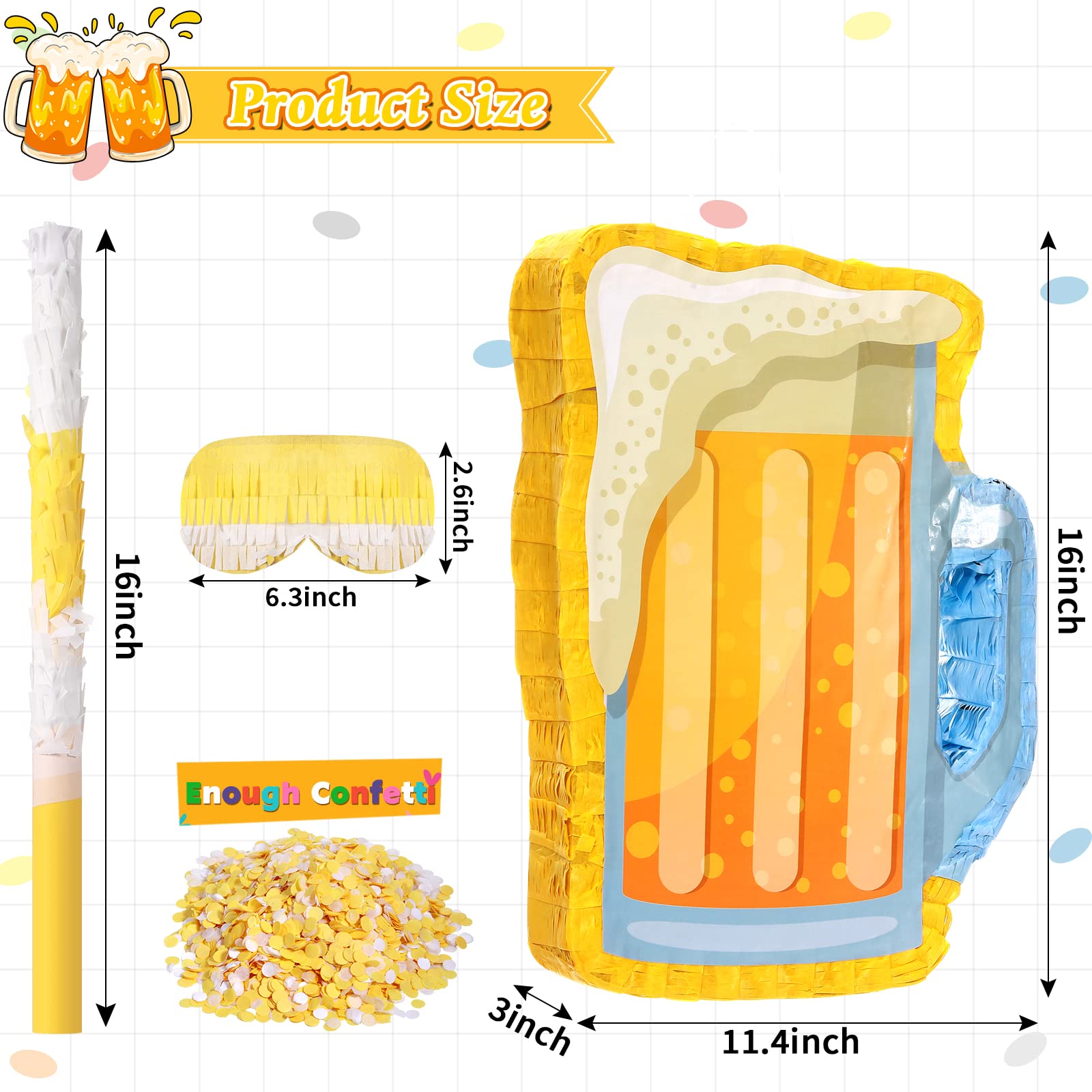 Sratte Beer Piñata with Stick and Blindfold Confetti Cheers to Beers Glass Mug Hanging Decoration Mexican Piñatas for Adult Birthday Bachelor Party Game Supplies (Lovely)