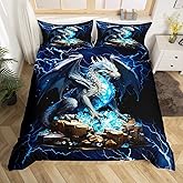 Blue Cool Dragon Duvet Cover Queen Size,Diamonds and Gold Comforter Cover with 2 Pillowcase for Teens,Kids Lightning Bedding Set,Flying Dragon Breathable 3 Pcs Decorative Bed Cover(No Comforter)