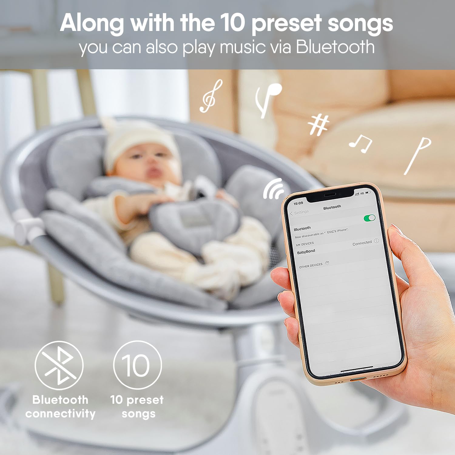 BabyBond Baby Swings for Infants, Bluetooth Infant Swing with 3 Seat Positions, 5 Natural Sway Motion and 5-Point Harness, Portable Baby Swing for Indoor and Outdoor, Silver