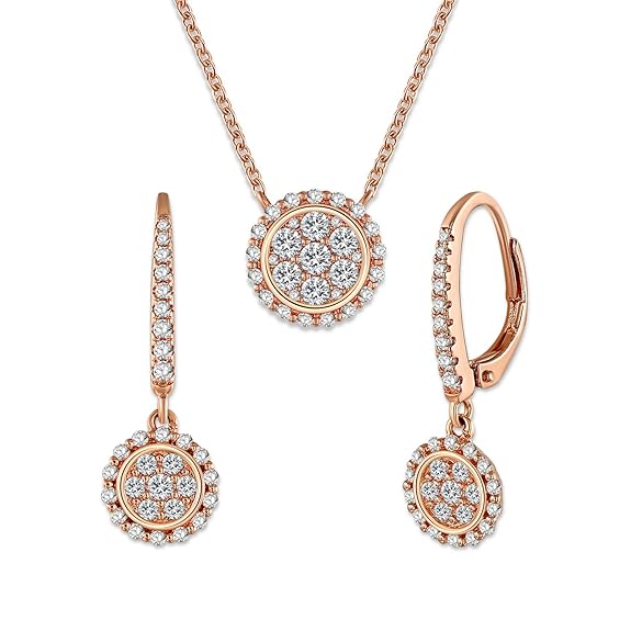 GEORGE · SMITH Damen SchmuckSet Roségold Runde Kristall Braut Anhänger Halskette Ohrringe Set für Mama Hochzeit Braut