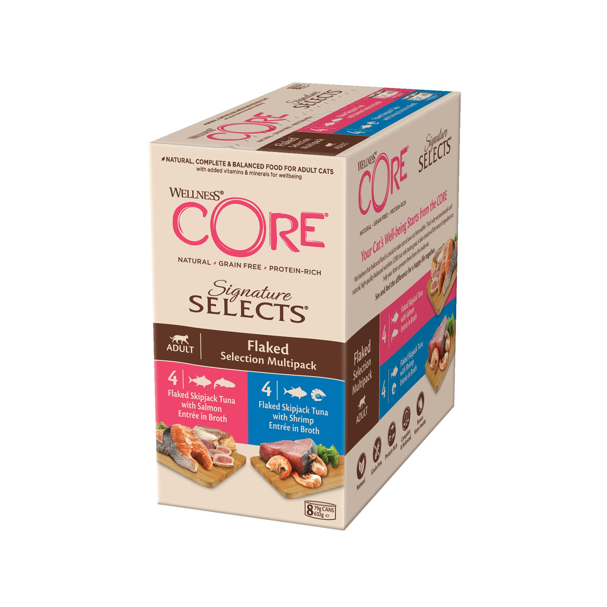 Wellness CORE Signature Selects 8 x 79g, Tuna, Salmon & Shrimp Mix – Wet Cat Food, Delicious Flakes in Broth, Grain-Free, Natural, Hypoallergenic, Protein-Rich, High Fish Content