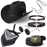 ZhouBoat 7Pcs Cowboy Costume Outfit for Men Women Cowboy Hat Hat Bands Leather Necklace Belt Glasses Bandana for Cosplay