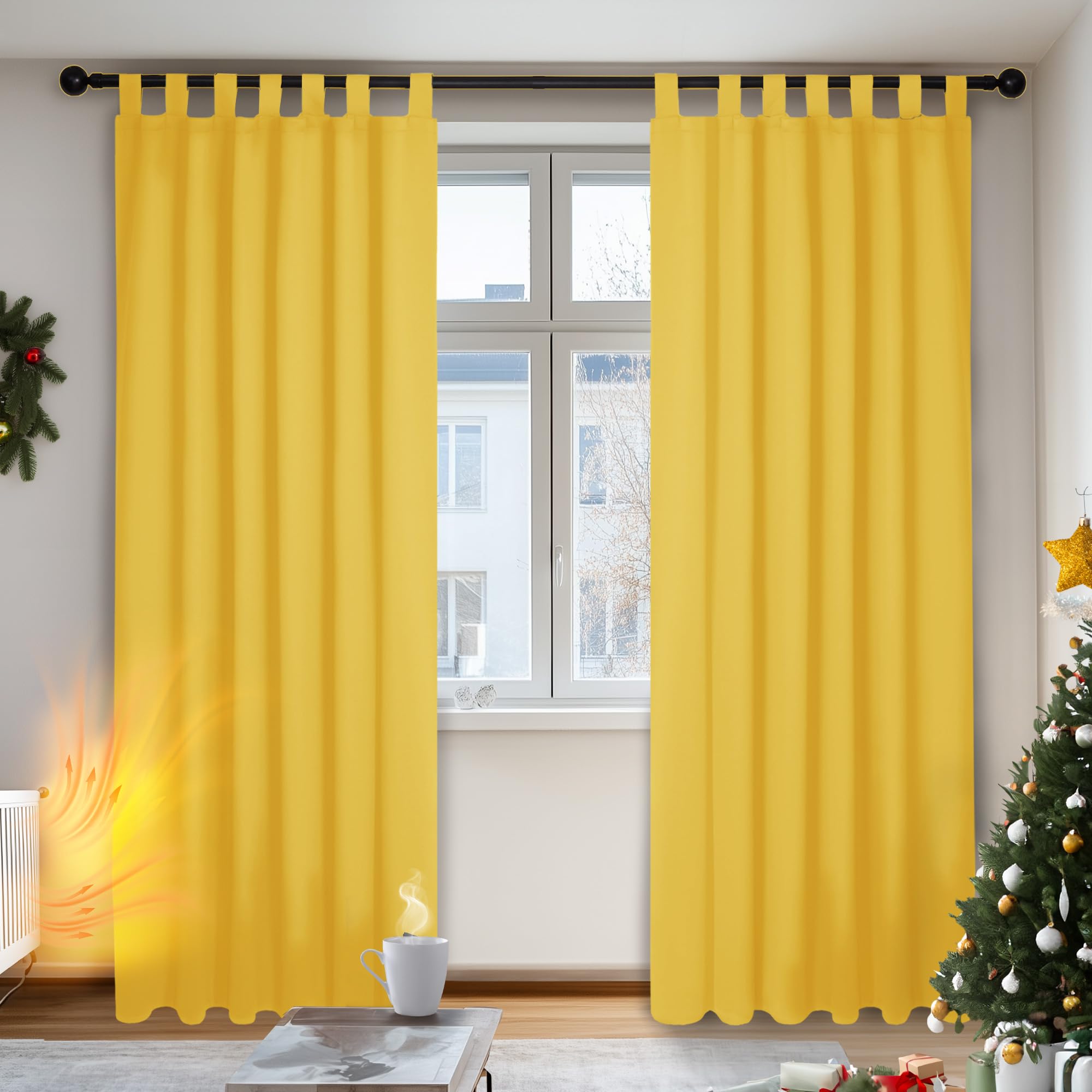 Deconovo Blackout Curtains, Tab Top Curtain, 2 Pieces, Sun Protection Curtains for Bedroom, Window, Lace and Ready, 140 x 220 cm (W x H), Lemon Yellow
