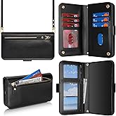 SunYoo iPhone 15 Plus & iPhone 14 Plus Wallet Case for Women, PU Leather Shockproof Card Holder Stand Zipper Pocket Flip Phone Case with Strap Crossbody Lanyard - Black