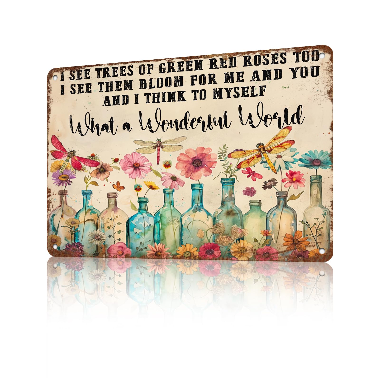 Photo 1 of GJXFTPTTBD What a Wonderful World Sign Vintage Metal Tin Sign Dragonfly and Flowers Wall Decor Funny Garden Signs for Garden Outdoor Decorative Signs 12 * 8in