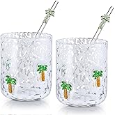 Skylety 2 Set Hawaii Icon Juice Glass Cups - Icon Glass Cup with 2 Straw 14 oz Double Old Fashioned Cute Pattern Glassware for Tea, Water, Milk, Coffee, Parties Gifts
