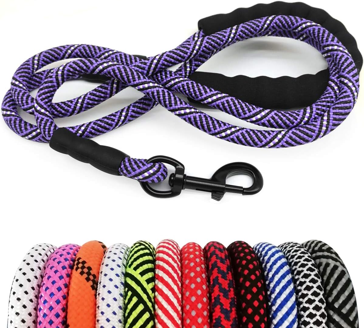 MayPaw Heavy Duty Rope Dog Lead, 1/2" x 6FT Nylon Pet Training Lead, Soft Padded Handle Thick Lead Leash for Large Medium Dogs (1/2" 6', Purple Black)