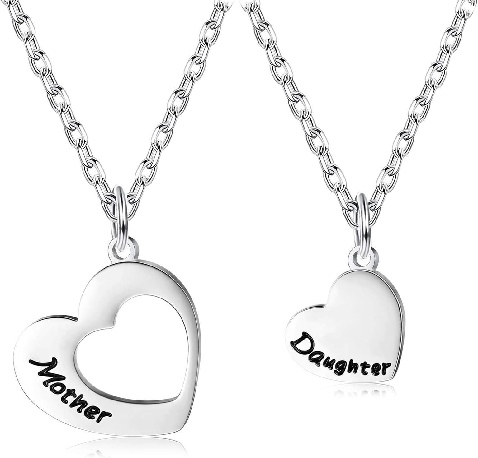 CASSIECA 2 Piece Engrave It Mother Daughter Cutout Puzzle Heart Pendant Necklace for Grandmother Mother Daughter Silver Tone Stainless Steel