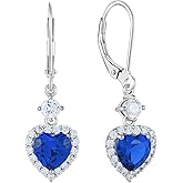 PYNZY Heart Dangle Drop Earrings for Women, 925 Sterling Silver Earrings with 7x7MM Birthstones Love Heart Leverback Jewelry Gifts for Her