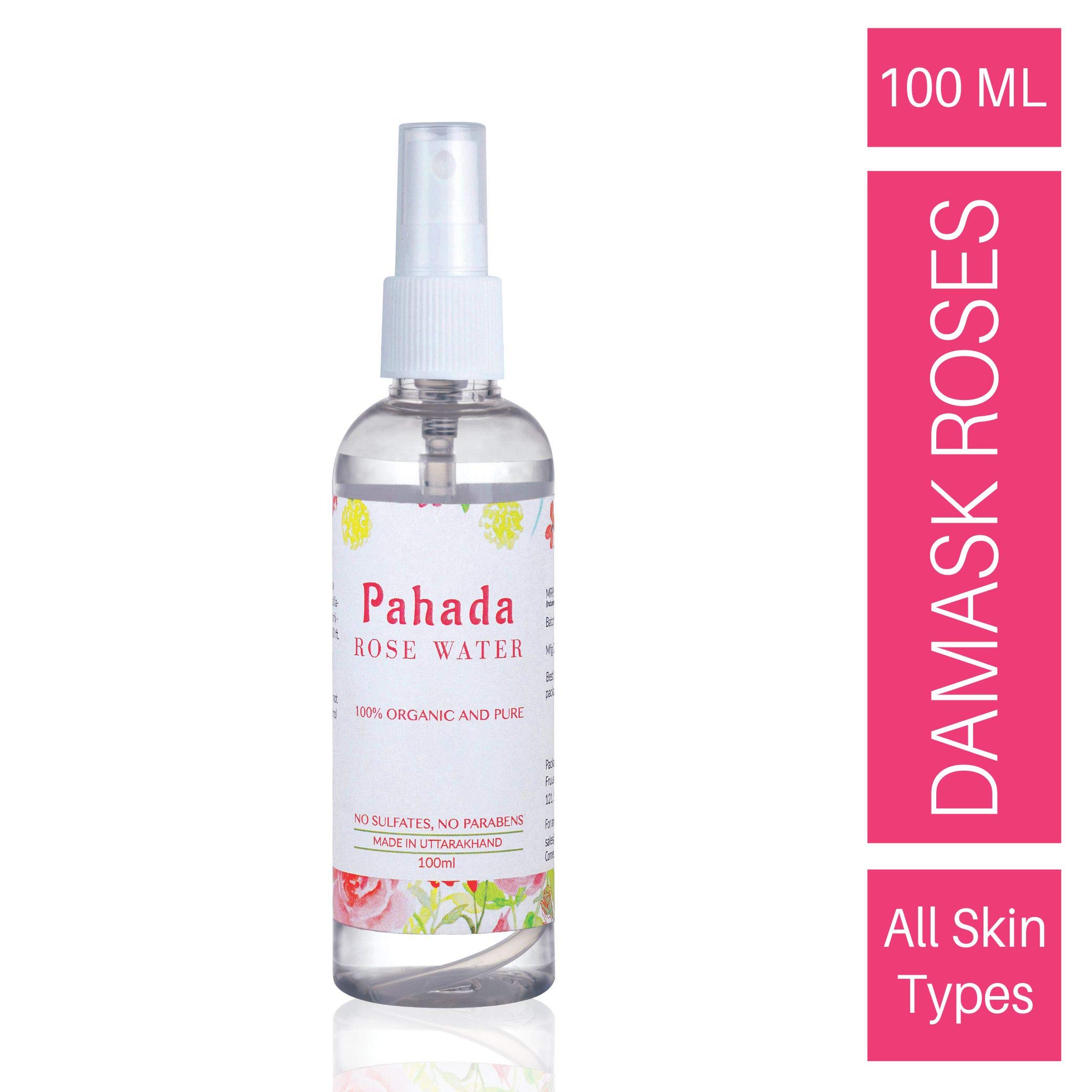 Pahada Organic Damask Rose Water (Gulab Jal) 100 ml Steam Distilled Made with Damask Roses