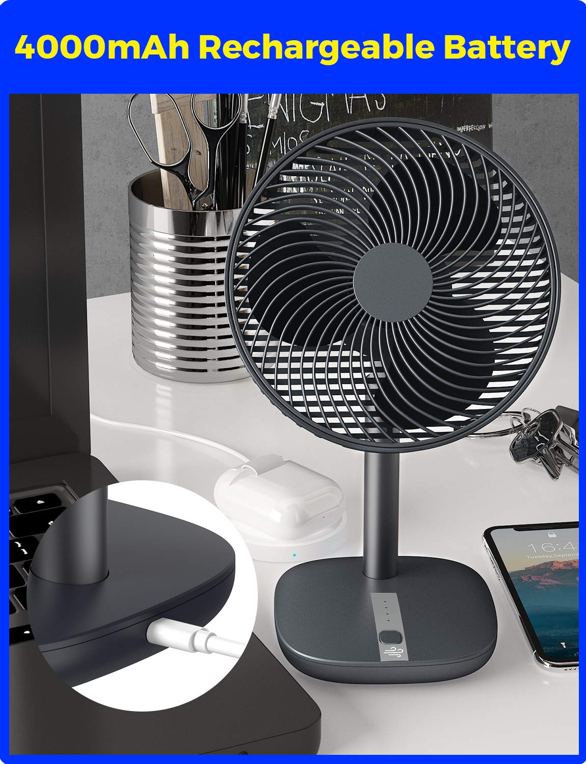 Navy Eurpmask Desk Fan Portable Mini Personal Table Usb Fan With 3 Speeds Natural Wind Mode 45 Pivoting Head Rechargeable 6 Inch Desktop Nightstand Fan 0 8m Charging Cable Included Usb Fans