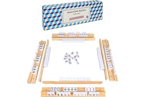 Offelec Upgraded Mahjong Racks with Pushers, Set of 4 Trays for American Mahjong Games, Wooden Holders for Mahjong, Mexican Train, Dominoes (Includes Magnetically Attached Mahjong Pushers)