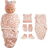 BABESIDE 4 Pcs Reborn Baby Doll Blanket with Doll Accessories Set for 17-24 Inch Babydolls, Heart Patterns Baby Doll Swaddle Blanket with Hat Gloves for Realistic Dolls Girl, Pink